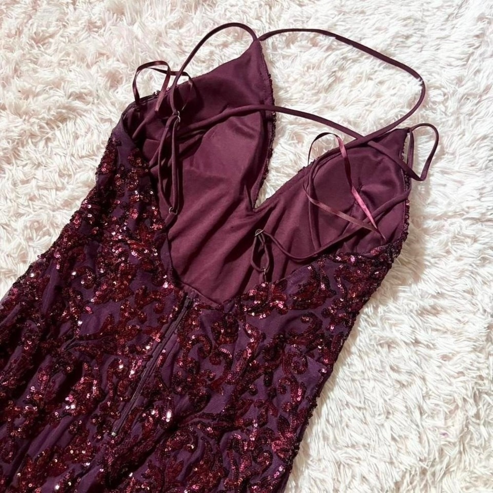 Dark Mermaid Sequin Mesh Floral Dark Academia Backless Lace up Dress Women's M - Picture 6 of 8